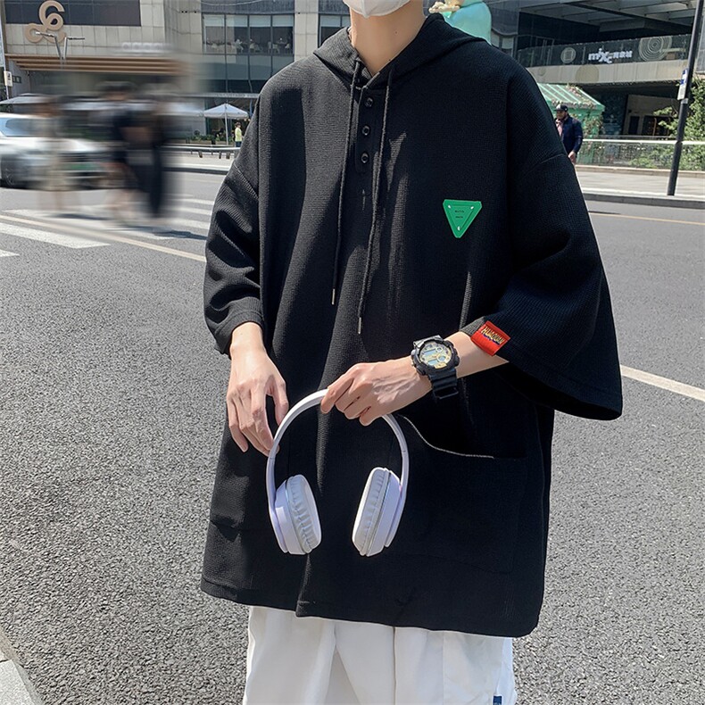 连帽男中袖T恤2024夏季青少年五分袖薄款学生纯色上衣F245-P35,男装休闲裤,星座1109-3