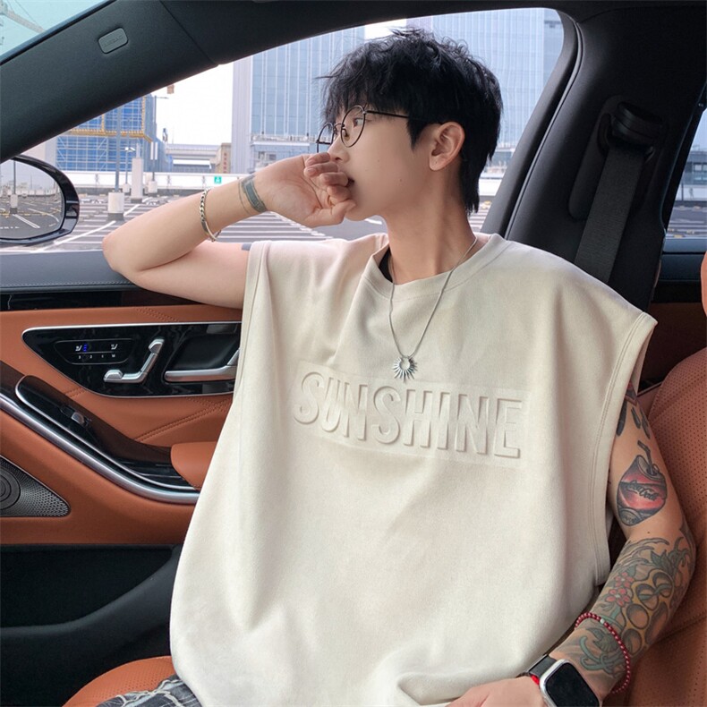 美式白色坎肩背心男无袖T恤宽松潮流高级感运动健身麂皮绒汗衫夏图片