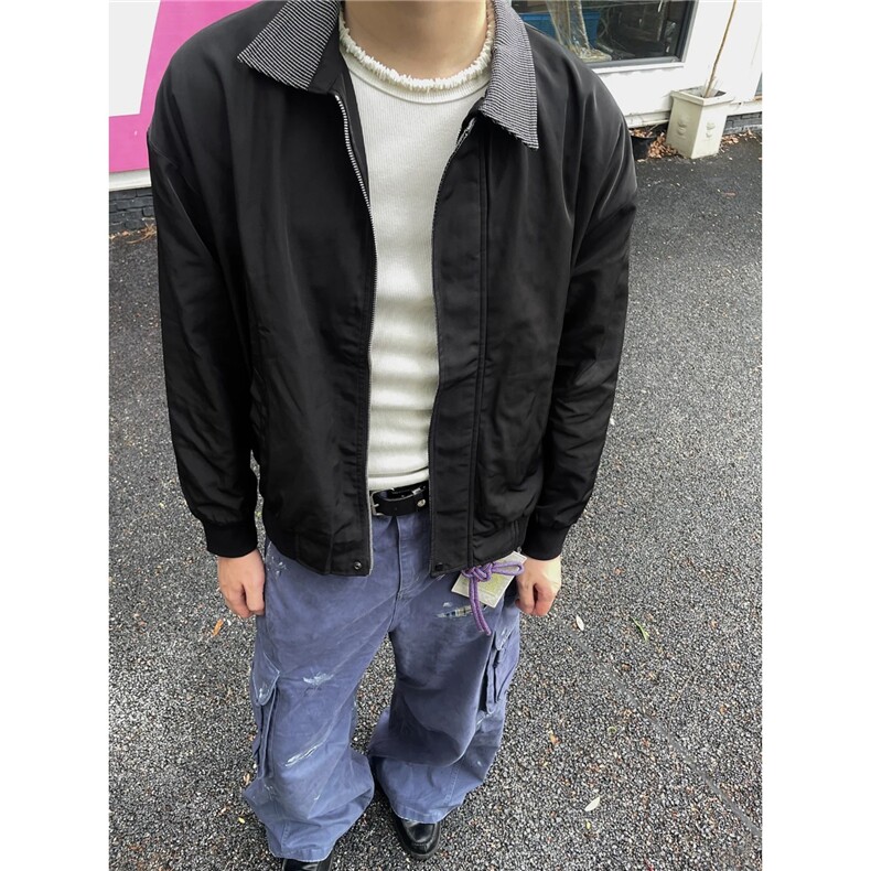 千鸟格拼接短款外套男秋季翻领棒球服正肩飞行夹克BJK1033图片