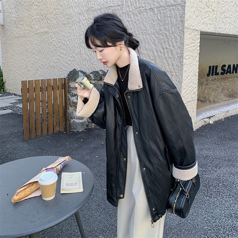 新款皮衣拼接羊羔毛羽绒服9932-P265-K388,女装短外套,2C129