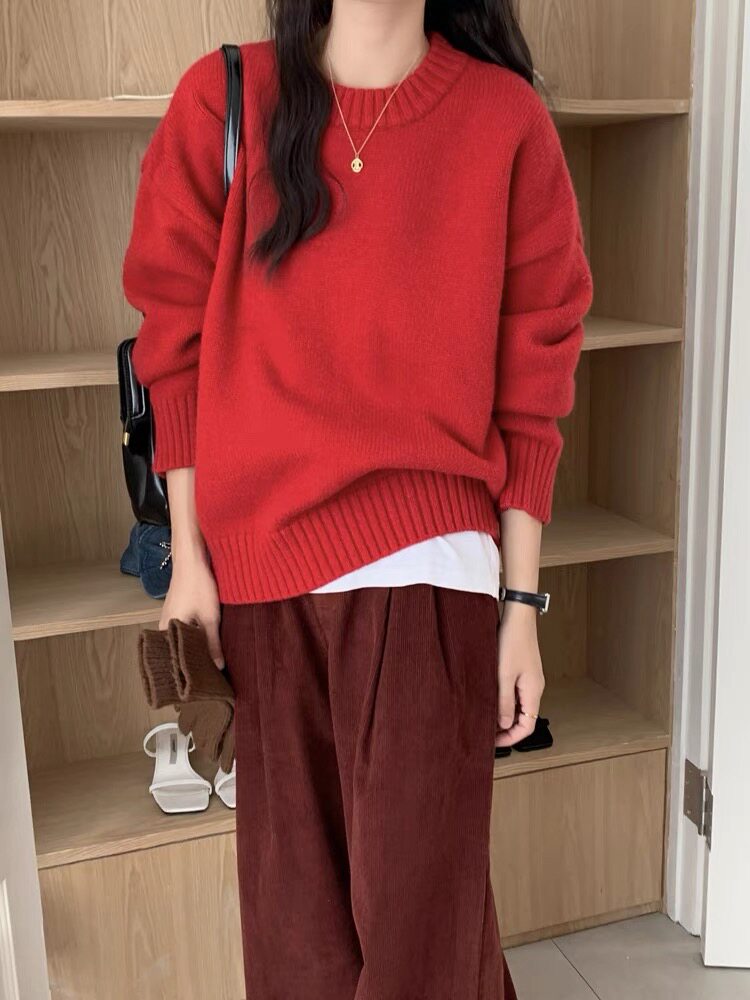重磅加厚羊毛针织衫女圆领打底套头上衣纯色宽松慵懒风秋冬,女装羊毛衫,梵泰羊绒