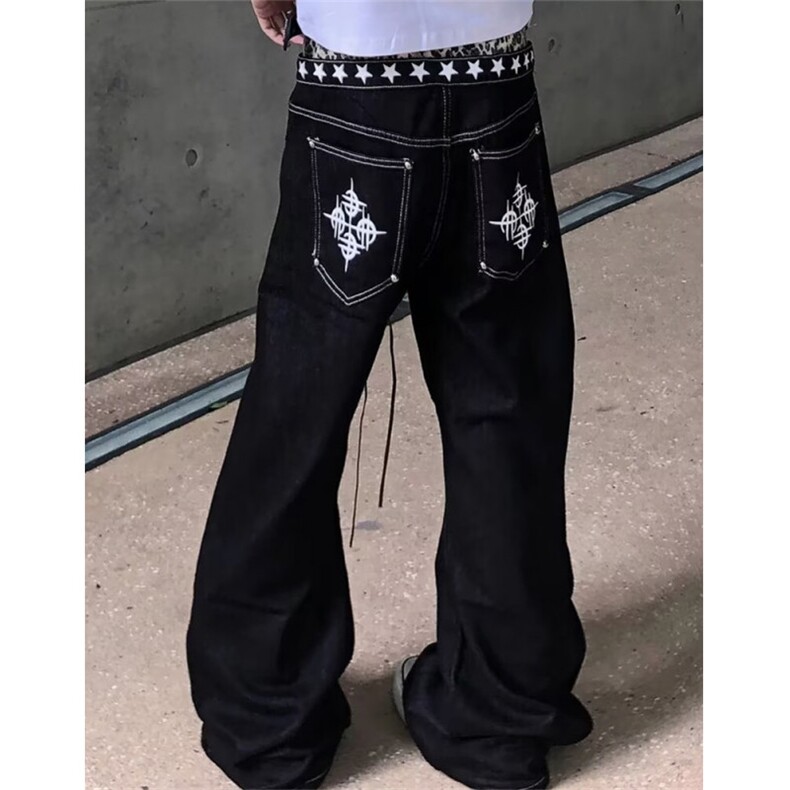 复古深蓝色宽松阔腿牛仔裤男女新款高腰慵懒风垂感拖地长裤N7099,男装牛仔裤,星座1116A（原606A-3）