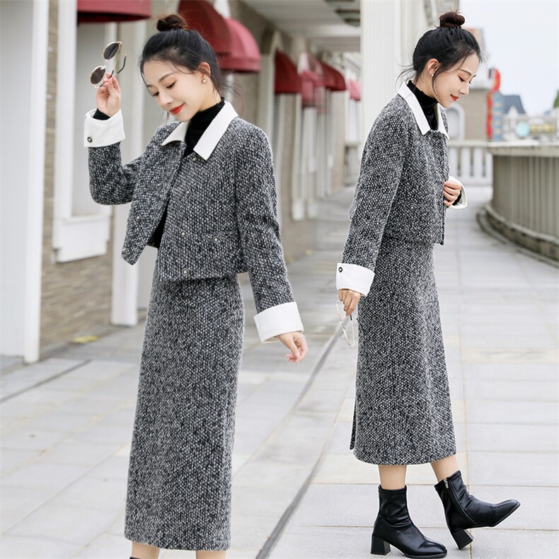 2024年冬季新款粗花呢短外套半身长裙高级感小香风羽绒套装,女装套装/套裙,曼娅璐