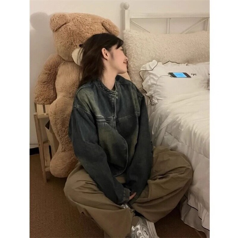 Q58/P65大码美式水洗做旧牛仔外套女春宽松显瘦拉链夹克上衣潮,男装工装外套,星座1506