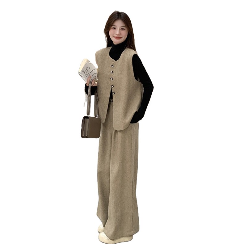卡其色小香风单排扣马甲套装女2025秋季简约风高级感阔腿裤两件套,女装套装/套裙,2C110