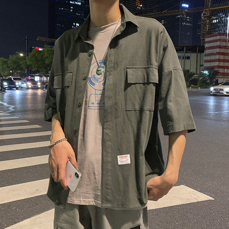 204-CS05-P45有视频日系oversize宽松纯色衬衫潮男韩版五分袖,男装衬衫,星座204