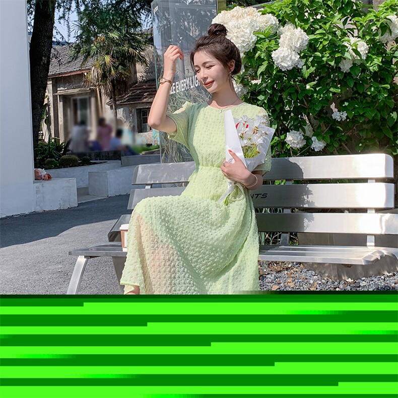 法式浪漫立体花连衣裙女中长款夏2025新款抽绳收腰泡泡纱仙女长裙图片