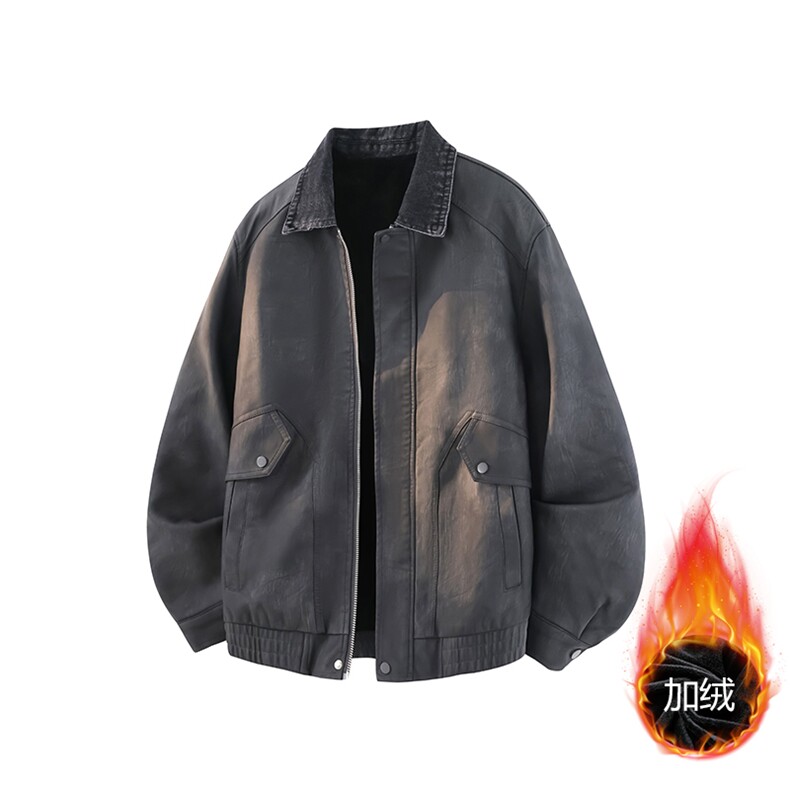 2025秋冬新款老钱风男士加绒皮衣翻领高品质短款风衣PY61-P120，男装风衣，电商B278