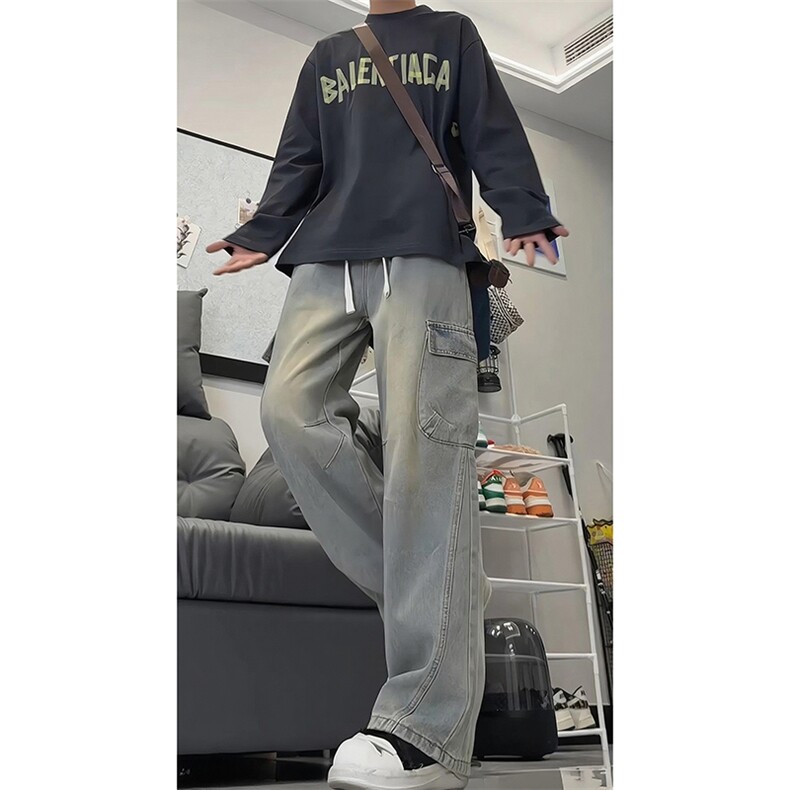 解构拼接弯刀牛仔裤男2025秋季新款美式阔腿裤子-A2221TP55,男装牛仔裤,电商B241