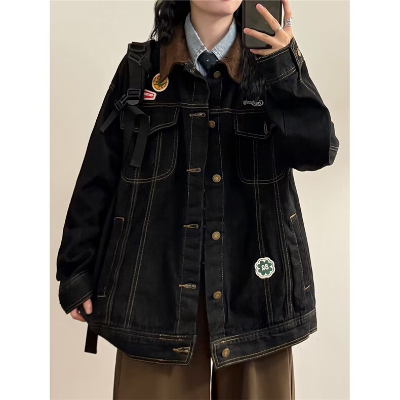 2605-P70美式复古高街牛仔外套女春秋季机车潮牌翻领宽松刺绣,男装工装外套,电商B323A