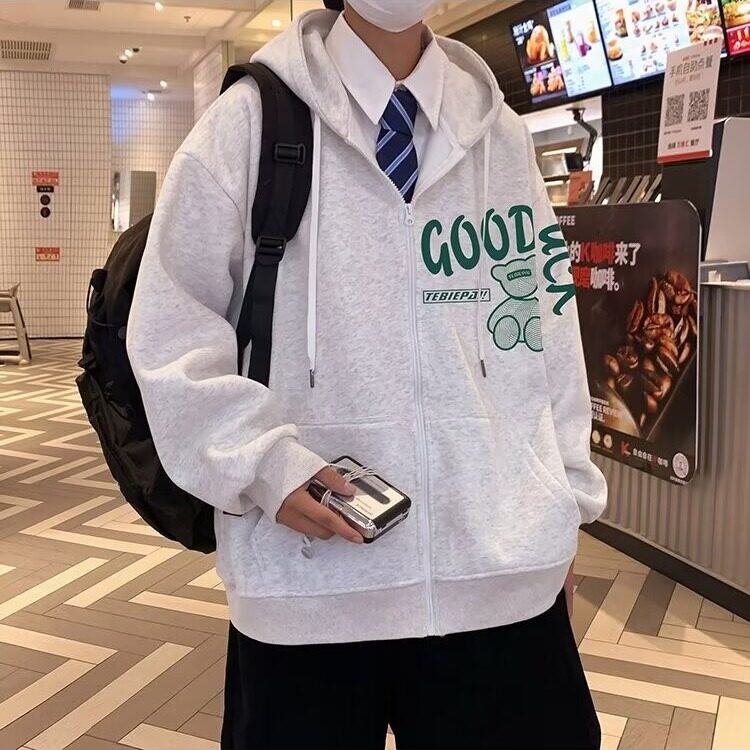 港风潮小熊拉链开衫卫衣男春秋季复古宽松休闲连帽外套,女装短外套,星座218-1（原230）