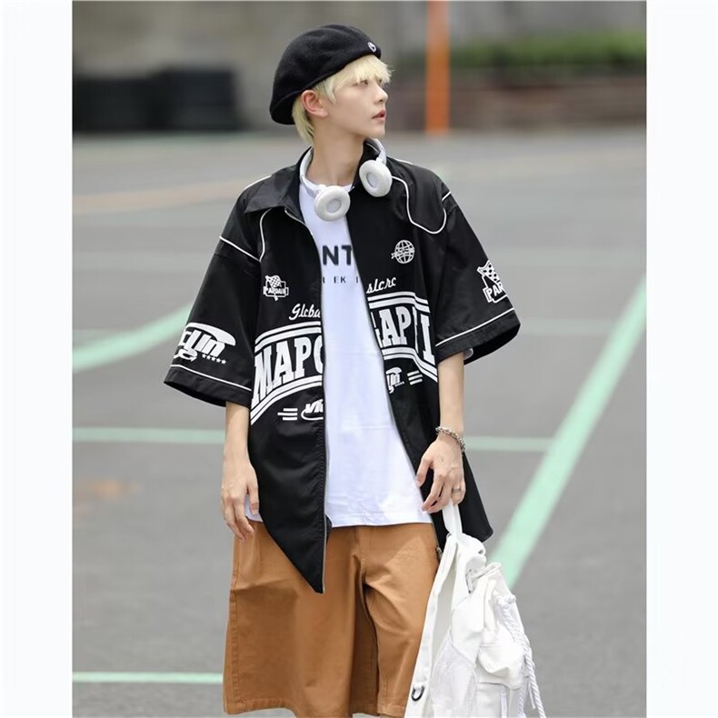 夏季休闲机车风短袖拉链青少年男女衬衫小众高街宽松工装衬衣潮,男装衬衫,星座1210-1