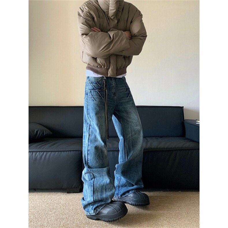 网络图现货美式高街闪电纹cleanfit直筒微喇牛仔裤JK921-P39，男装牛仔裤，星座715-7