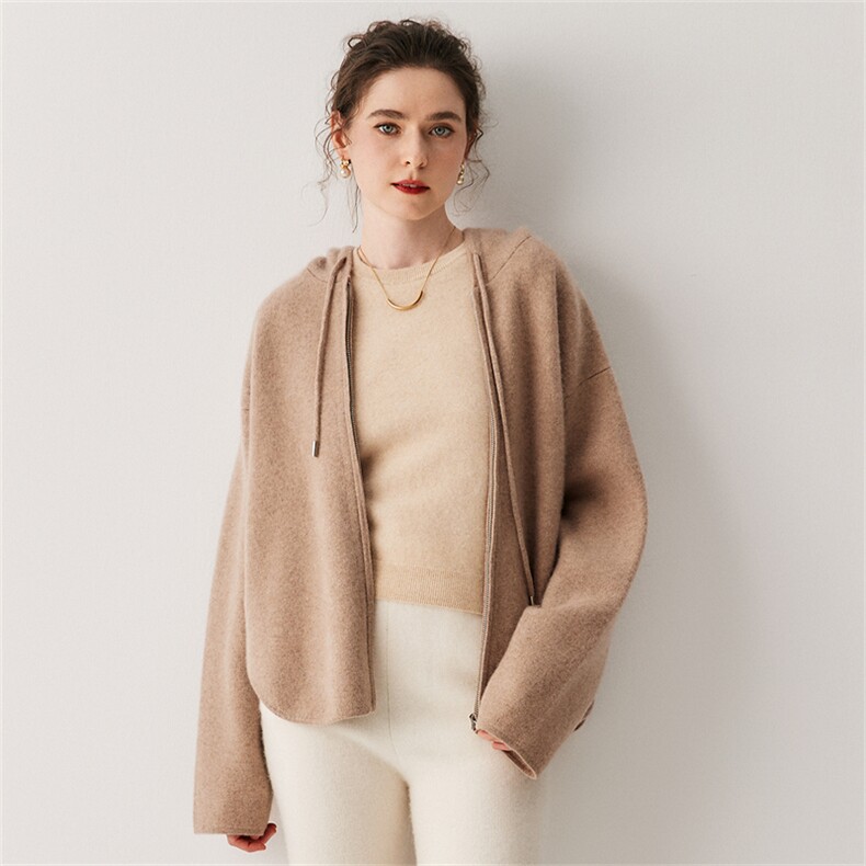 2025年秋季新款百搭连帽空气层双色外套，女装针织衫/毛衣，绒创羊绒