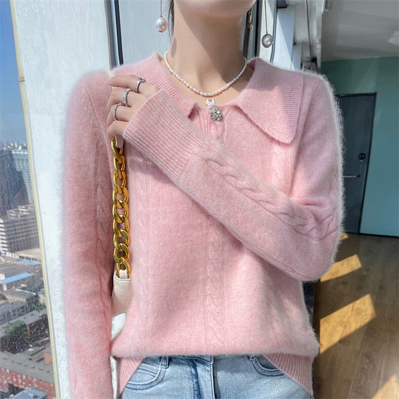 扭花娃娃领女2024秋冬装新款针织衫羊毛衫,女装羊毛衫,百越羊绒