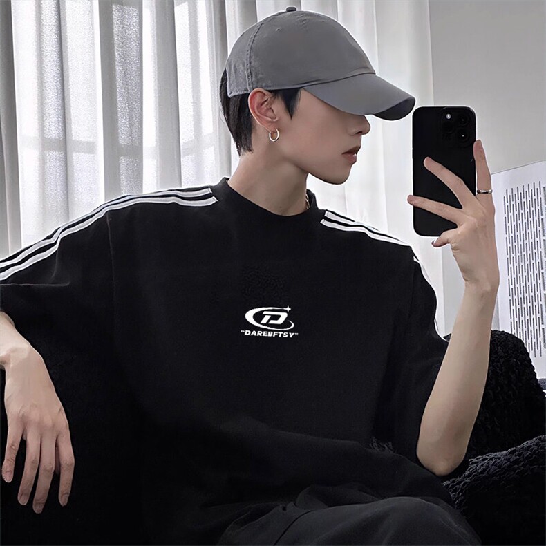 抖音得物高品质二开240克宽松纯棉美式潮牌三条杠织带短袖T恤，男装T恤，电商A486