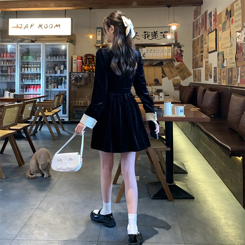 【现货】1C128-6601-圆领珍珠丝绒高腰A字连衣裙P100-K165,女装连衣裙,2D148