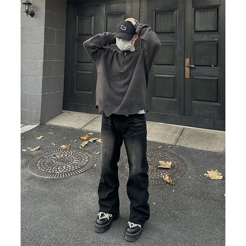 美式ins高街hiphop重工艺水洗微喇复古蓝牛仔裤货号K2320-1P55,男装牛仔裤,电商A063
