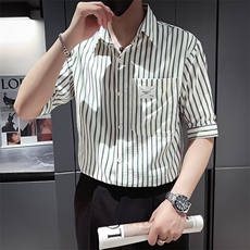 条纹短袖衬衫男夏季轻熟风痞帅正装修身薄款七分袖上衣CS617，男装T恤，星座1116A-2（原606A-1）