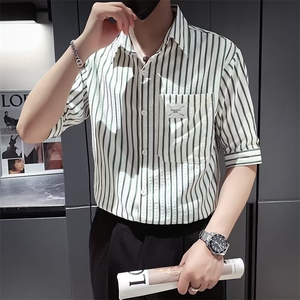 条纹短袖衬衫男夏季轻熟风痞帅正装修身薄款七分袖上衣CS617,韩剧学院风女生穿搭图片