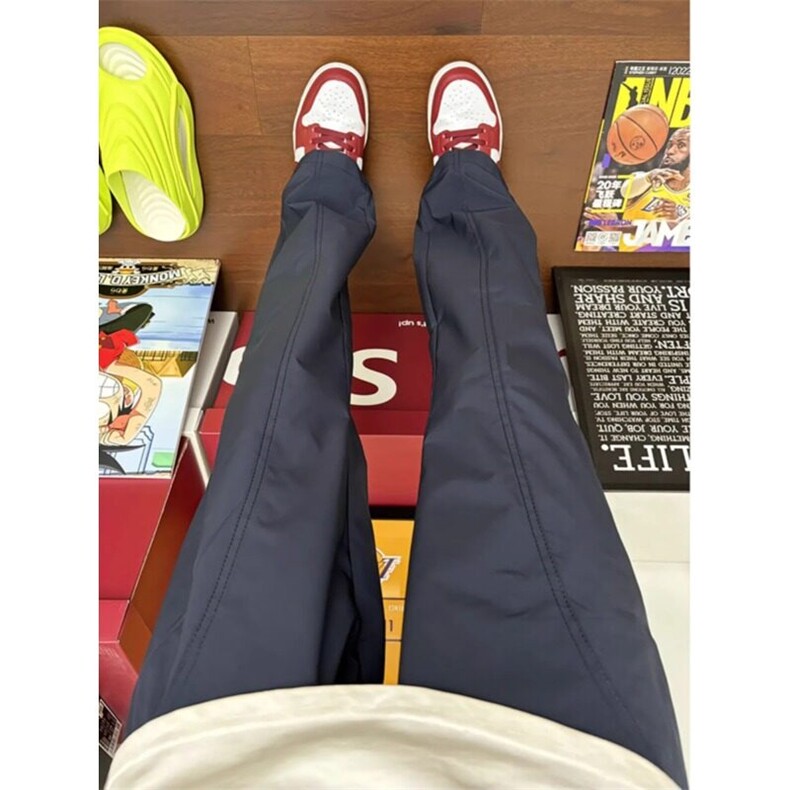 藏青色冰丝速干裤子男夏季薄款美式斜切冲锋裤户外运动直筒微喇裤图片