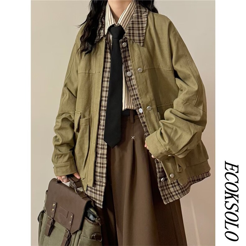 港风秋款男女假两件夹克衫格子拼接宽松外套JK181P82，男装夹克，星座1013-1