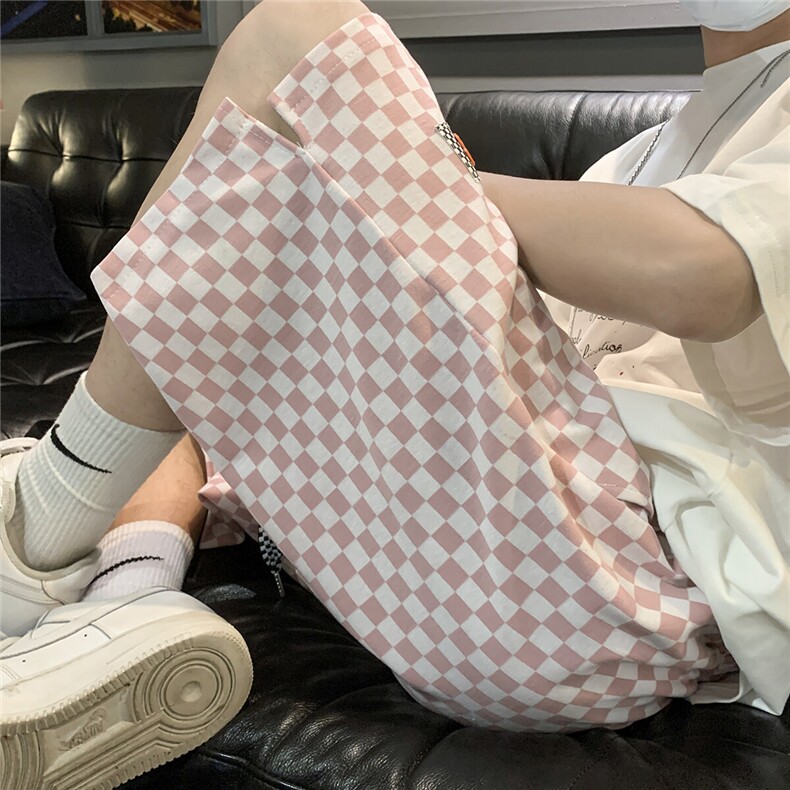 2026夏新款港风大码五分裤贴标格子短裤宽松潮男009/特P30粉色2,男装休闲裤,电商A094