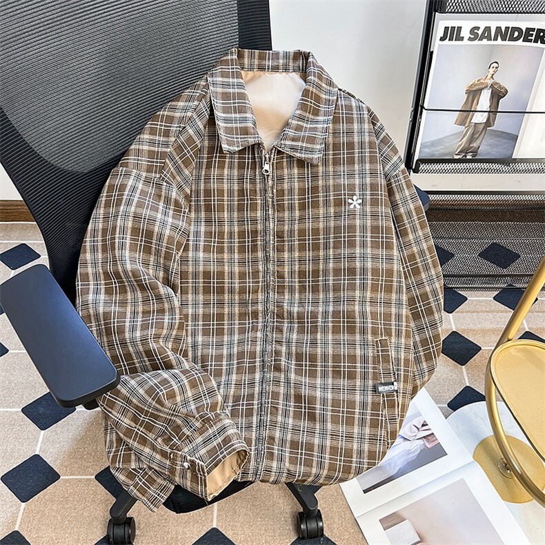 双面穿学院风格纹翻领工装夹克男女秋季格子宽松外套潮HH635P70,男装夹克,星座1013-5