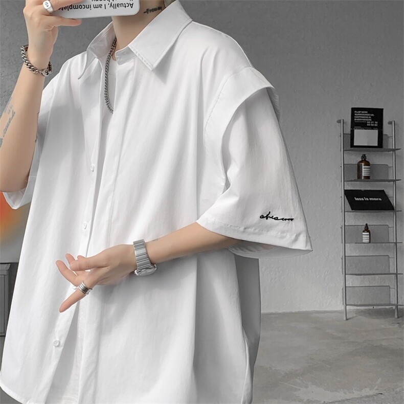 8XL-M假两件垂感冰丝短袖衬衫大码夏季凉感小众设计衬衣DC5003P55图片