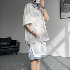 TZ780-特批55控98夏季新款扎染假俩件大码短袖短裤T恤套装，男装休闲套装，电商A059