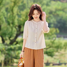 2026年春季文艺风女短袖宽松亲肤透气苎麻文艺/优雅，女装衬衫，江南依恋