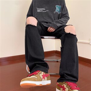 美式秋季男款破洞牛仔裤欧美高街薄款直筒阔腿裤 K4437-P37图片