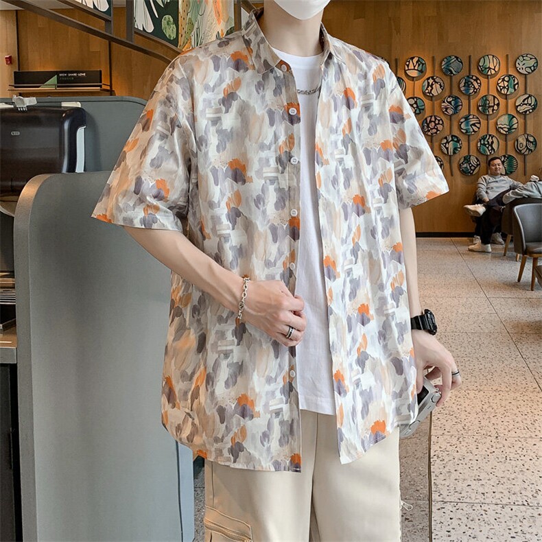 夏男士短袖衬衫含透气时尚休闲冰丝印花纯棉衬衣风7257P45,男装衬衫,电商A056