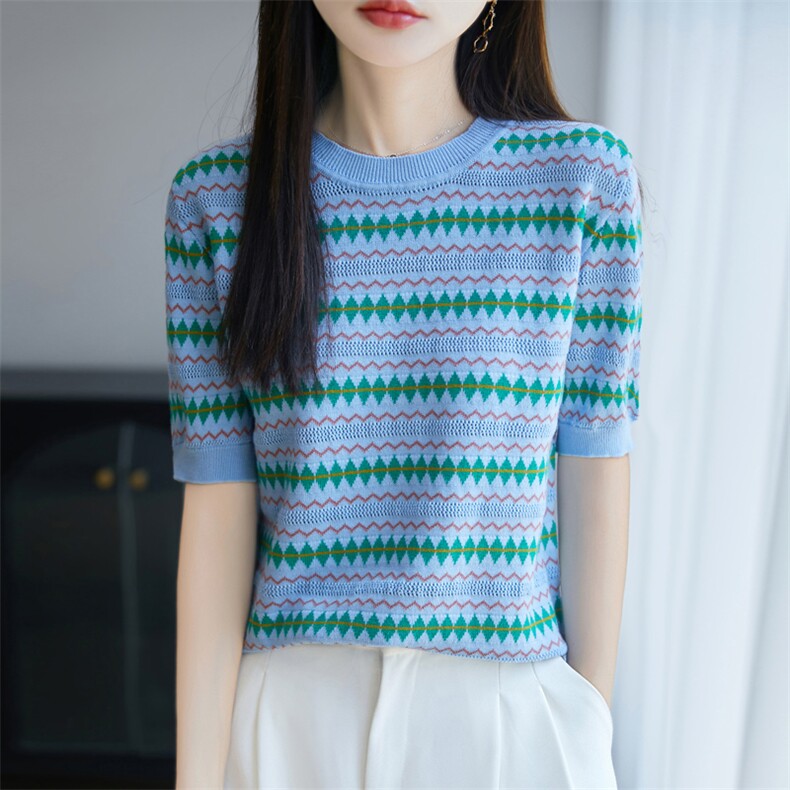 设计感镂空条纹纯棉针织短袖T恤女2025夏薄款透气正肩全棉t恤上衣，女装T恤，秋双羊绒