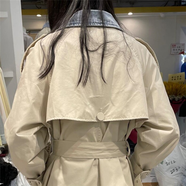 2021春装新款外套女牛仔拼接假两件时尚百搭中长款风衣，女装风衣，迷吉meeggle