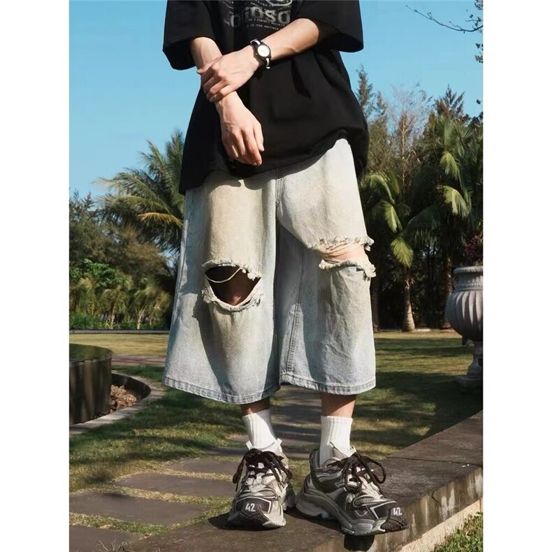 夏季新款百搭美式复古破洞废土蓝牛仔七分裤纽扣款NA634,男装牛仔裤,星座1116A（原606A-3）