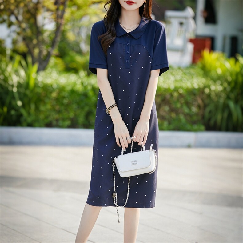 夏季新款简约娃娃领波点连衣裙女宽松百搭显瘦时尚休闲裙,女装连衣裙,臻维羊绒