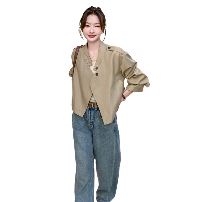 韩系chic通勤卡其色夹克2025春夏新款宽松短款风衣外套女休闲百搭,女装短外套,2C159
