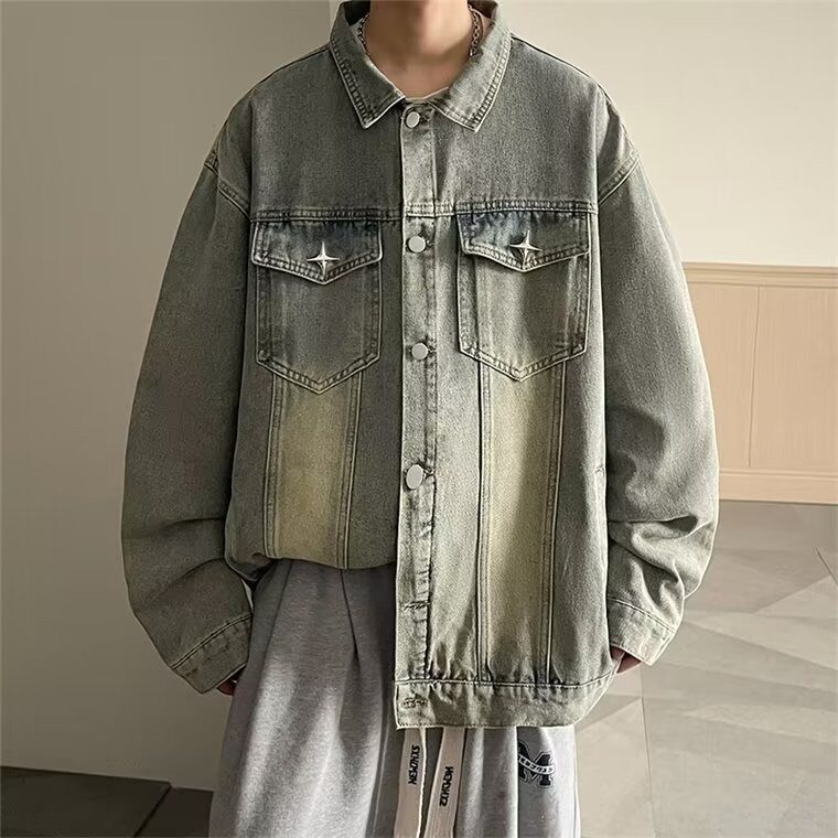 牛仔外套男秋季复古痞帅工装夹克ins潮牌潮流设计感百搭翻领上衣,男装工装外套,星座715-4