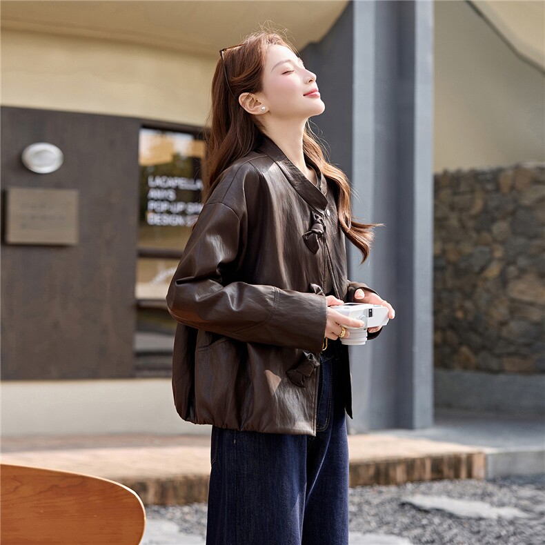 韩风糖果按扣皮衣外套女2026新款春气质小立领PU夹克上衣女外套,女装皮衣,冬木谷雨