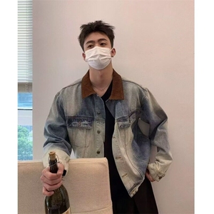 【有货】DY105-P68美式复古撞色拼接水洗蓝牛仔夹克男春秋外套图片