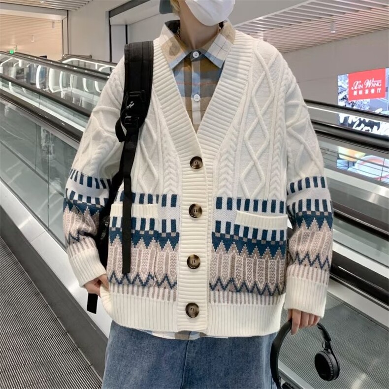 复古拼接菱格V领开衫毛衣宽松潮牌针织衫外套,男装针织衫/毛衣,星座410-7