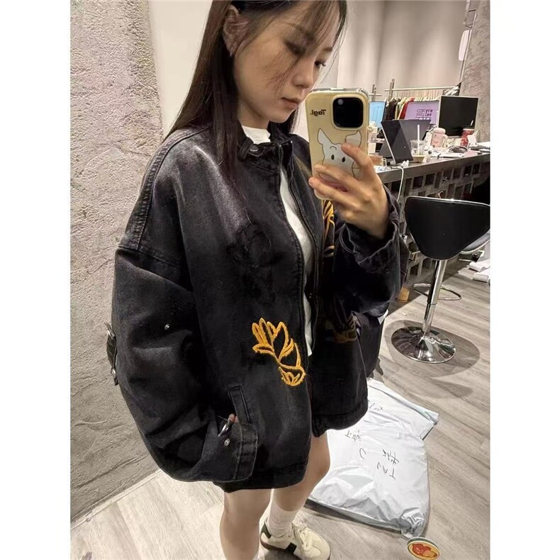 美式街头潮牌花卉刺绣立领夹克男女秋季高街痞帅复古水洗牛仔外套,男装工装外套,星座1210-1