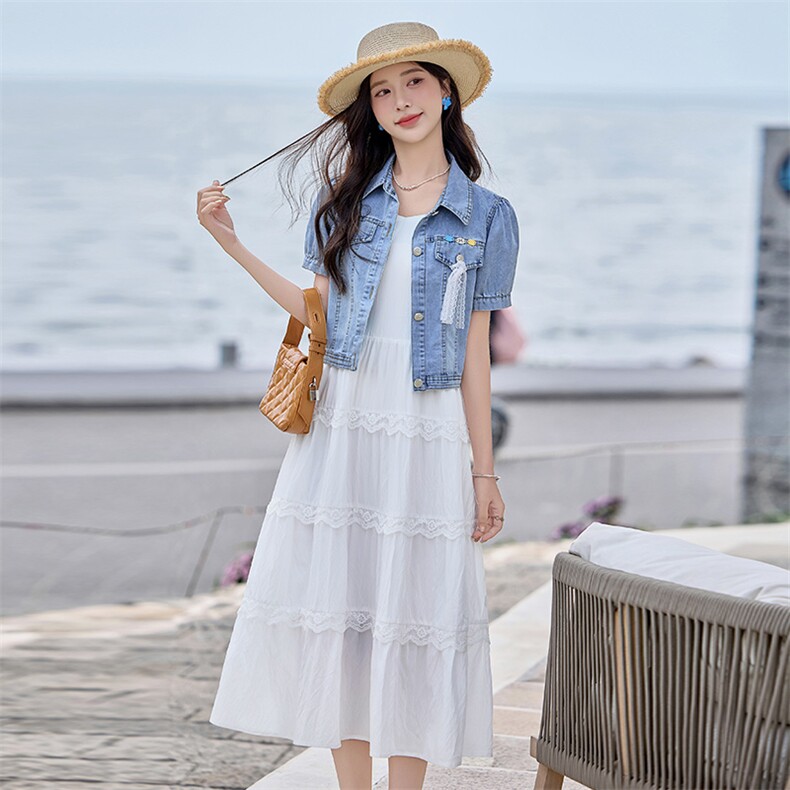 薄款牛仔短袖外套女连衣裙套装2025夏设计感中长款吊带裙子两件套,商品下架区,贝蕾酷儿