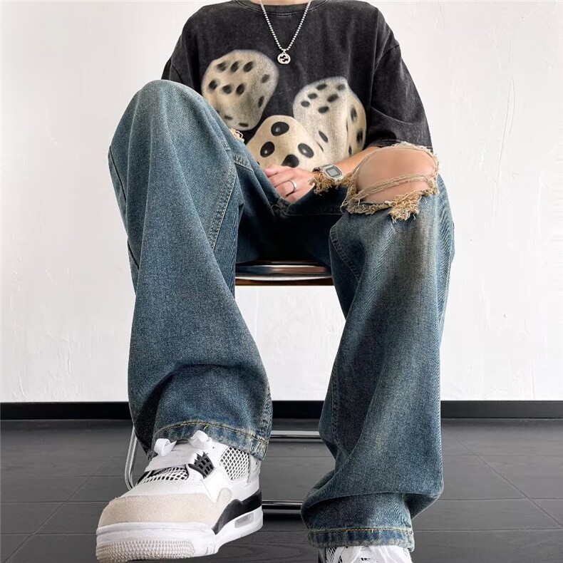 美式潮牌破洞牛仔裤男夏季薄款宽松直筒复古水洗阔腿休闲乞丐裤子，男装牛仔裤，星座601-2