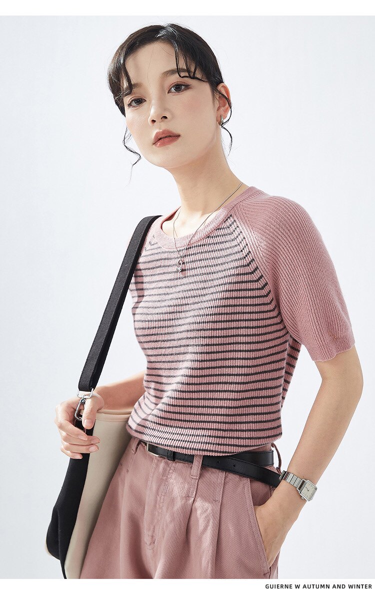 2025春夏条纹针织衫精纺羊毛短袖女宽松显瘦插肩,女装T恤,德聚羊绒
