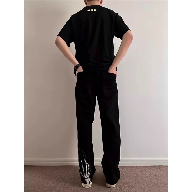 骷髅手爪刺绣牛仔裤男夏季美式高街裤子直筒微喇长裤潮牌NZ277，男装牛仔裤，星座516A