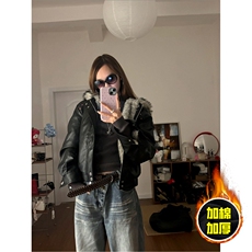 现货冬季美式潮牌痞帅PU皮机车服棉衣毛毛绒狼王座山雕皮棉服，男装棉衣，电商A486-1