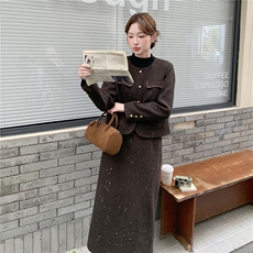 深咖色加厚夹棉亮片上衣套装裙女秋冬巨好看ootd穿搭轻熟风两件套，女装套装/套裙，1D102-1