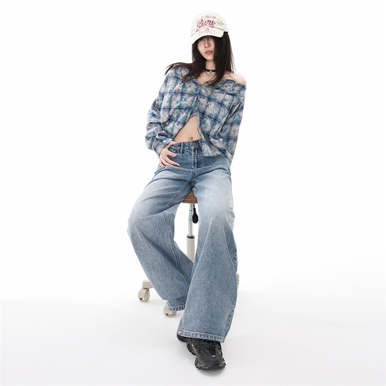 美式阔腿牛仔裤男女2025新款自然腰宽松显瘦拖地弯刀裤YD9057-P60,男装牛仔裤,星座509